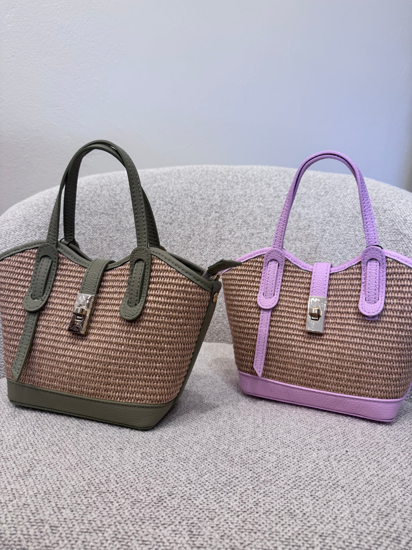 Borsa Handle in rafia e pelle