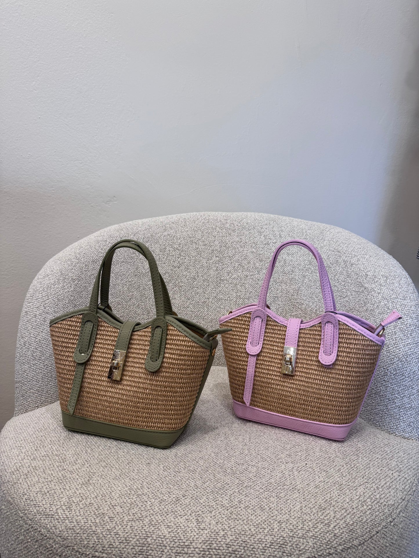 Borsa Handle in rafia e pelle