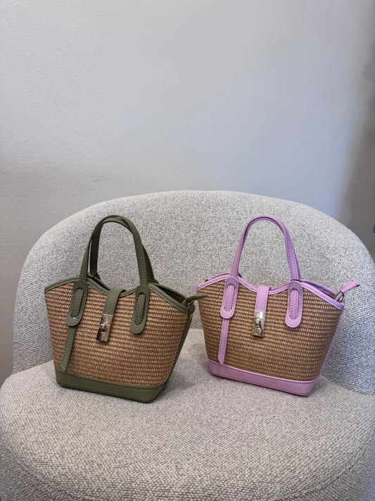 Borsa Handle in rafia e pelle